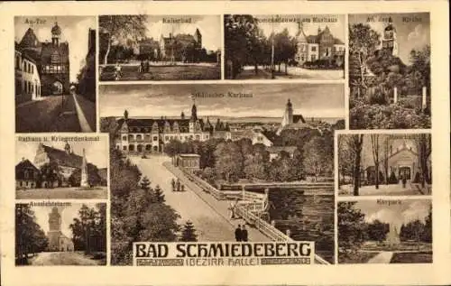 Ak Bad Schmiedeberg in der Dübener Heide, Stadtansichten, Kurhaus, Rathaus, Au Tor, Kaiserbad