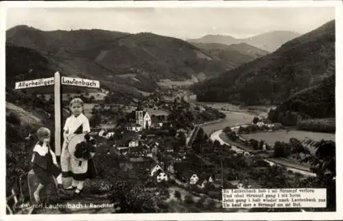 Ak Lautenbach in Baden Württemberg, Panorama vom Ort, Bahnstrecke, Kinder am Wegweiser