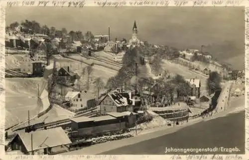 Ak Johanngeorgenstadt Erzgebirge, Winteransicht mit Grenzbach, Kirche