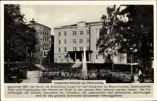 Ak Mittweida Mittelsachsen, Ingenieurschule, Fontäne