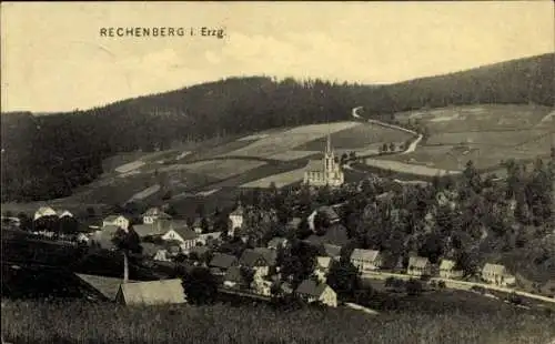 Ak Rechenberg Bienenmühle Erzgebirge, Gesamtansicht von Ort und Umgebung, Kirche, Felder