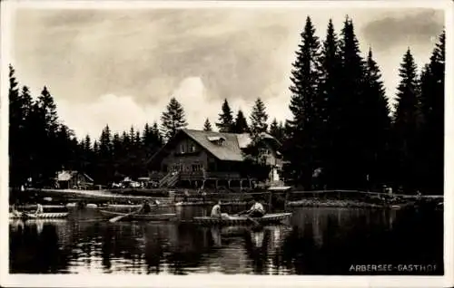 Ak Bayerisch Eisenstein in Niederbayern, Gasthof am Arbersee, Ruderpartie