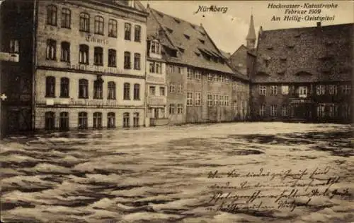 Ak Nürnberg in Mittelfranken, Heilig-Geistspital, Hochwasser-Katastrophe 1909