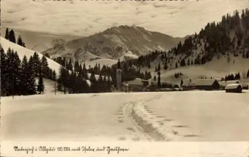 Ak Unterjoch Bad Hindelang im Oberallgäu, Teilansicht, Kirche, Schnee, Berge