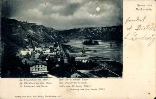 Ak Bacharach am Rhein, Ortsansicht mit Rhein, Dichtung aus dem Jahre 1623