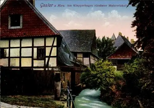 Ak Goslar in Niedersachsen, Partie am Klapperhagen, Goslarer Malerwinkel, Fluss, Fachwerkhaus