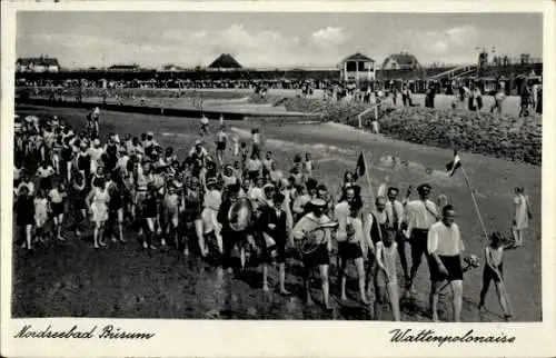 Ak Nordseebad Büsumm, Wattenpolonaise, Menschenmenge, Musikinstrumente