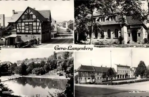 Ak Gera Langenberg, Zeitzer Straße, HOG Sportheim, Platz des Friedens, Sommerbad