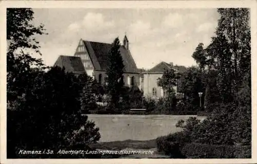 Ak Kamenz Sachsen, Albertplatz, Lessinghaus, Klosterkirche