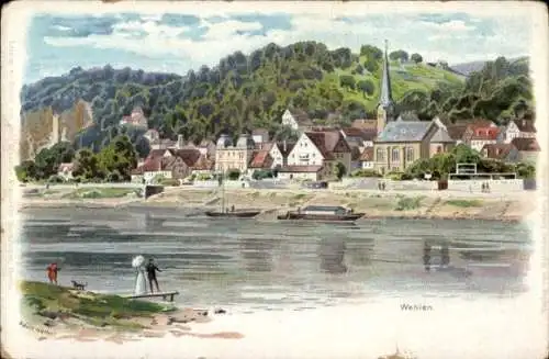 Künstler Litho Nöther, Adolf, Wehlen an der Elbe Sachsen, Flusspartie mit Blick auf den Ort