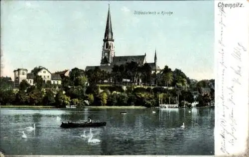 Ak Chemnitz, Schlossteich und Kirche, Ruderboot, Schwäne