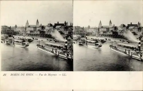 Stereo Ak Mainz am Rhein, Mayence, Teilansicht, Dampfer, Promenade