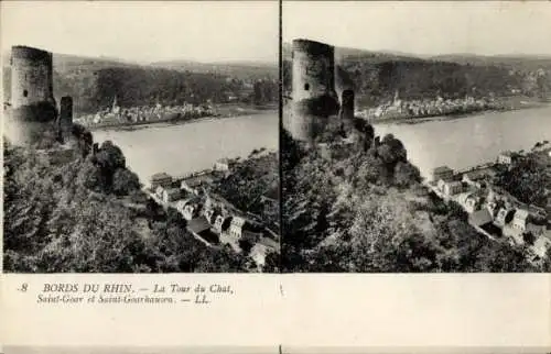 Stereo Ak St. Goarshausen am Rhein, Burg Katz, St. Goar