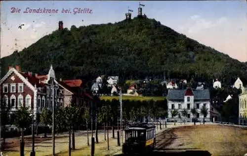 Ak Görlitz in der Lausitz, Landeskrone, Straßenbahn, Straßenpartie