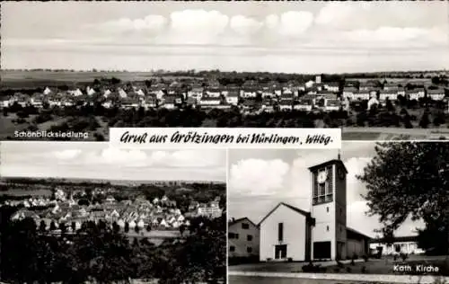 Ak Grötzingen Aichtal im Kreis Esslingen, Schönblicksiedlung, Katholische Kirche, Panorama vom Ort