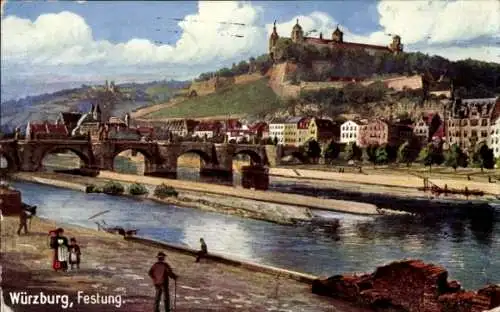 Künstler Ak Würzburg am Main Unterfranken, Festung Marienberg, Brücke, Mainpartie