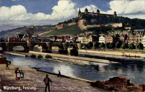 Künstler Ak Würzburg am Main Unterfranken, Festung Marienberg, Brücke, Mainpartie