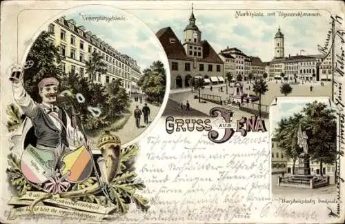 Studentika Litho Jena in Thüringen, Universitätsgebäude, Student m. Bierkrug, Burschenschaftsdenkmal