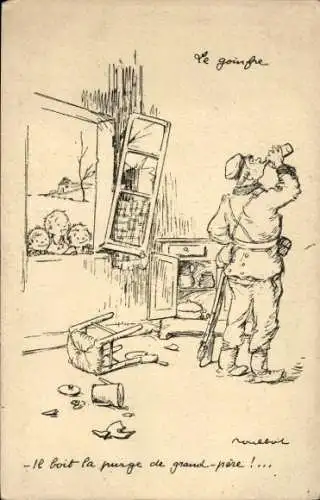 Künstler Ak Poulbot, Francisque, Trinkender Soldat wird von Kindern beobachtet