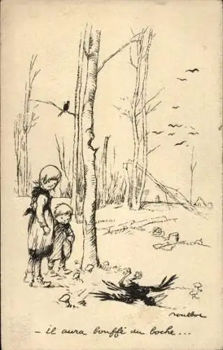 Künstler Ak Poulbot, Francisque, Kinder finden tote Krähe