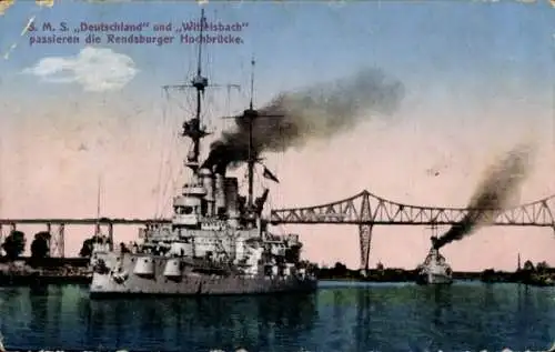 Ak Deutsches Kriegsschiff, SMS Wittelsbach, SMS Deutschland, Linienschiff, Rendsburger Hochbrücke