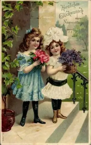 Präge Ak Glück und Gruß, Mädchen, Blumen, Kitsch