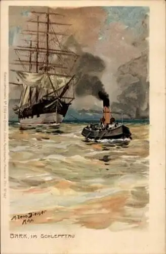 Künstler Litho Diemer, Zeno, Bark von Schlepper elbaufwärts gebracht