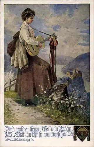 Künstler Ak Rodenberg, J., Und golden liegen Tal und höhn, Frau, Gitarre, Deutscher Schulverein 1071