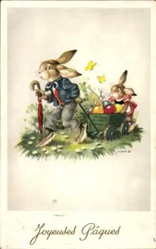 Künstler Ak Nimo, Glückwunsch Ostern, Osterhasen, Karren, Ostereier, Schmetterlinge