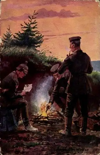 Künstler Ak Soldaten in Uniformen am Lagerfeuer, Brief, I. WK