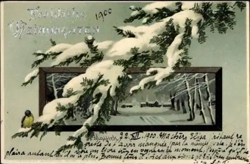 Künstler Litho Mailick, Glückwunsch Weihnachten, Tannenzweig, Schnee, Vogel