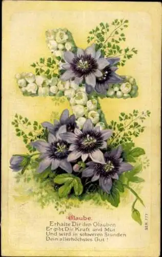 Präge Litho Glaube, Erhalte Dir den Glauben, Kreuz aus weißen Blüten, Anemonen