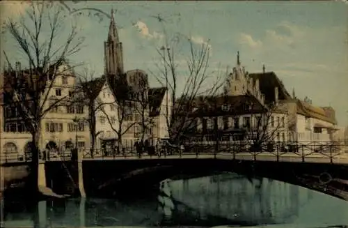 Ak Strasbourg Straßburg Elsass Bas Rhin, Teilansicht, Brücke, Münster