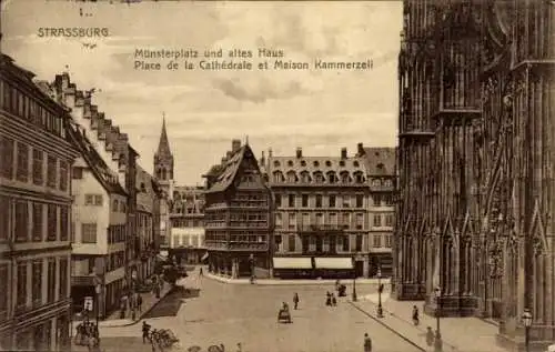 Ak Strasbourg Straßburg Elsass Bas Rhin, Münsterplatz und altes Haus