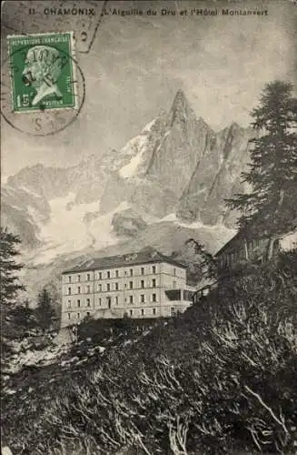 Ak Chamonix Mont Blanc Haute Savoie, L'Aiguille du Dru, Hotel Montanvert