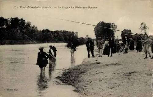 Ak Le Port Montain Seine et Marne, Strand, Goujon Angeln