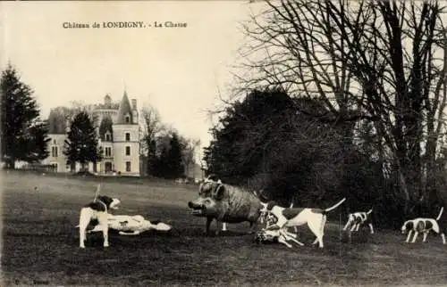 Ak Château Gontier sur Mayenne, Jagdszene mit Hunden und Wildschwein vor einem Schloss