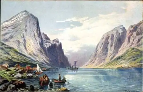 Künstler Ak Norwegen, Panorama, Dampfer