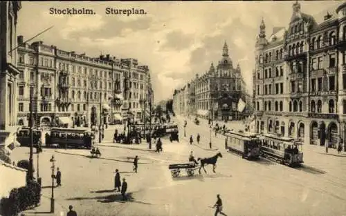 Ak Stockholm Schweden, Stureplan, Straßenbahn