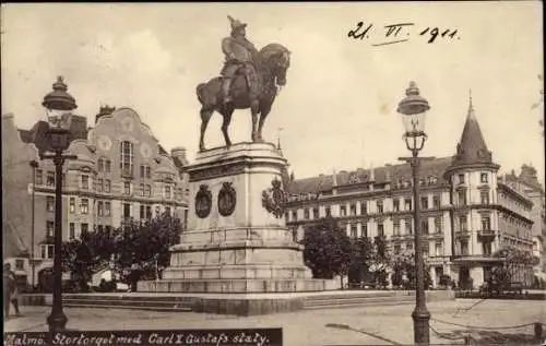 Ak Malmö Schweden, Stotorget med Carl X Gustafs staty