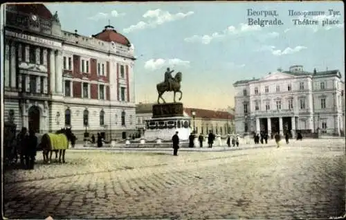 Ak Beograd Belgrad Serbien, Theaterplatz, Denkmal