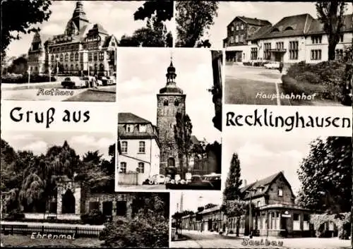 Ak Recklinghausen in im Ruhrgebiet, Rathaus, Hauptbahnhof, Ehrenmal, Saalbau