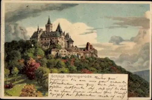 Künstler Litho Hirsch, Wernigerode am Harz, Blick zum Schloss