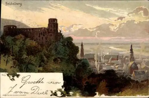 Künstler Litho Kley, Heinrich, Heidelberg am Neckar, Schloss, Stadt