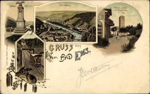 Litho Bad Ems an der Lahn, Malbergbahn, Kriegerdenkmal, Restaurant, Bäderlei