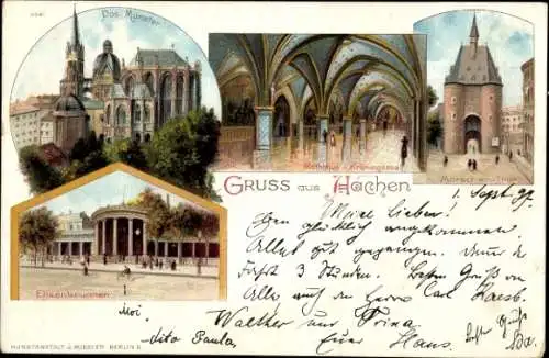 Litho Aachen in Nordrhein Westfalen, Rathaus, Krönungssaal, Maschier Tor, Elisenbrunnen, Das Münster