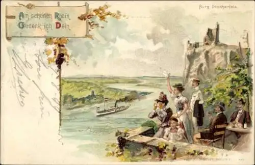 Litho Königswinter am Rhein, Burg Drachenfels