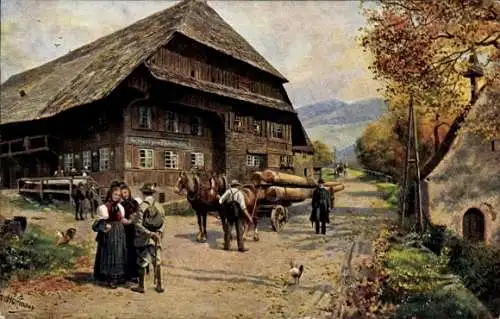 Künstler Ak Hoffmann, H., Buchenbach Schwarzwald, Gasthaus zum Himmelreich, Damen, Tracht, Holzfuhre