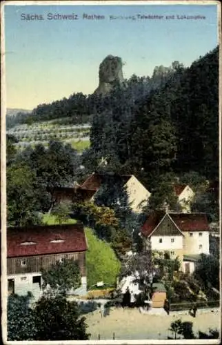 Ak Rathen an der Elbe Sächsische Schweiz, Basteiweg, Talwächter, Lokomotive