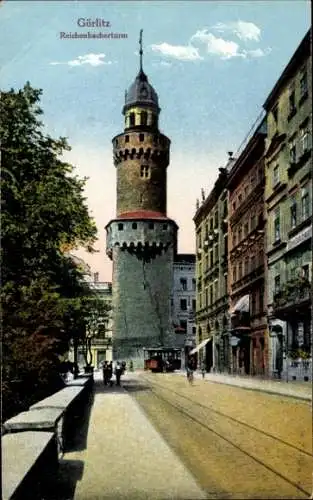 Ak Görlitz in der Lausitz, Reichenbacherturm, Straßenbahn